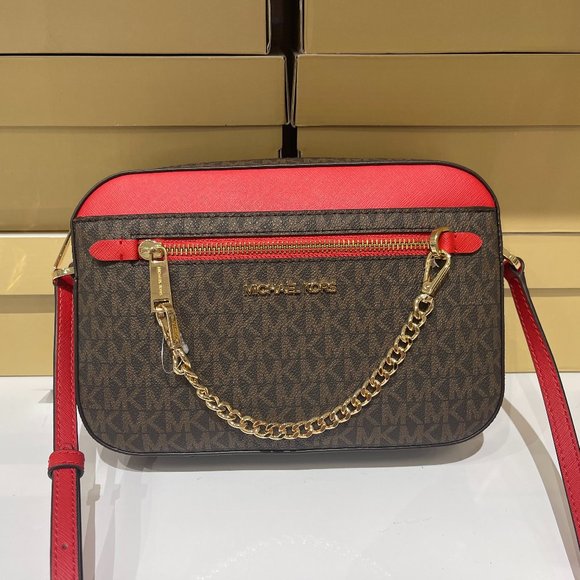 MICHAEL KORS JET SET ITEM EAST WEST CHAIN CROSSBODY SHOULDER BAG MK BROWN RED - Picture 1 of 9